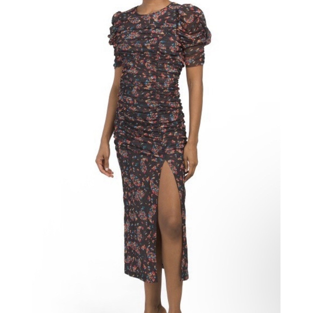 FREE PEOPLE Womens Briella Ruched Midi Dress Twilight Combo Sheer Mesh Sz M 237